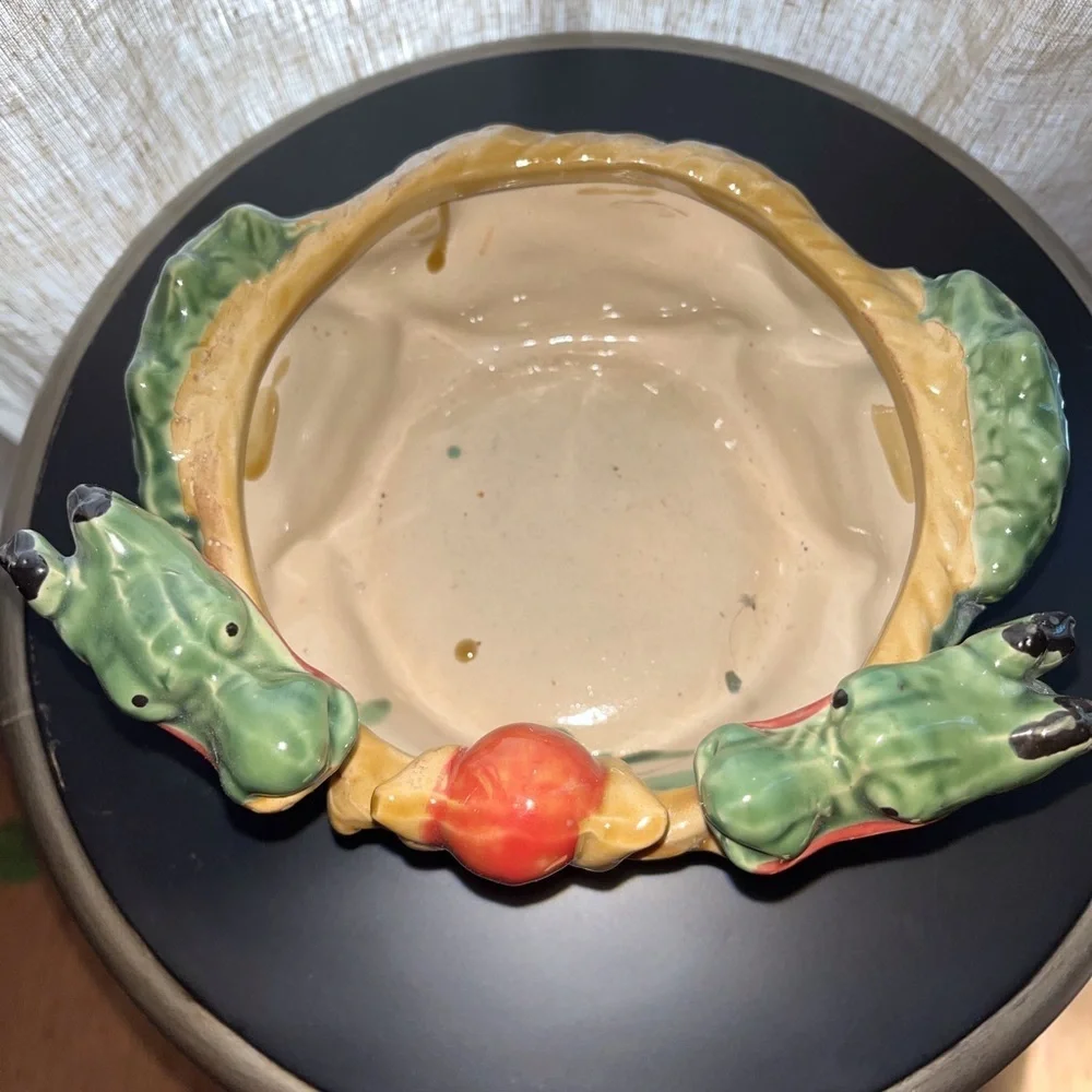 Vintage Majolica style Chinese dragon Pottery planter bowl